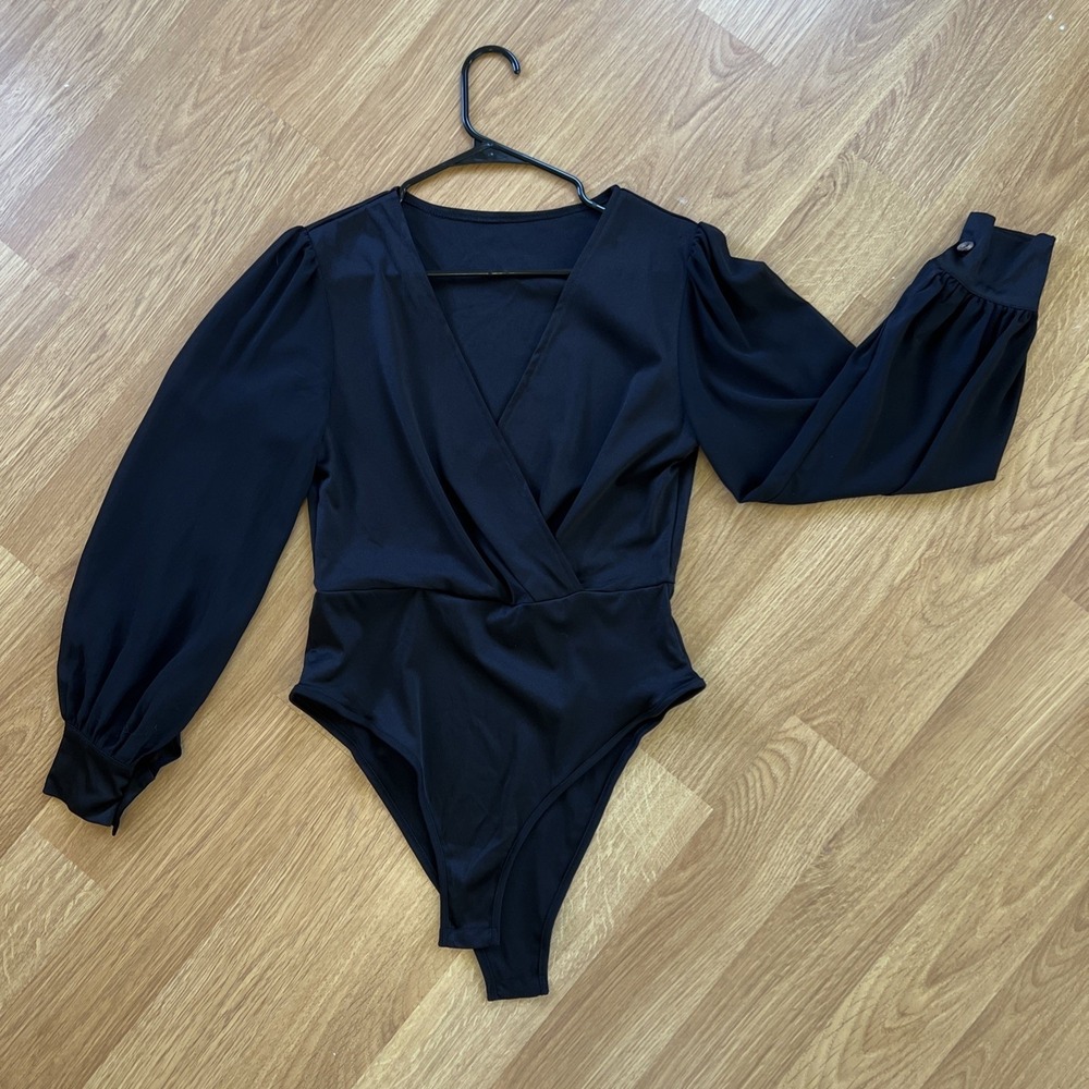 SHEIN Black V-Neck Wrap Bodysuit Sheer Puff Long Sleeve Elegant Party Top Medium